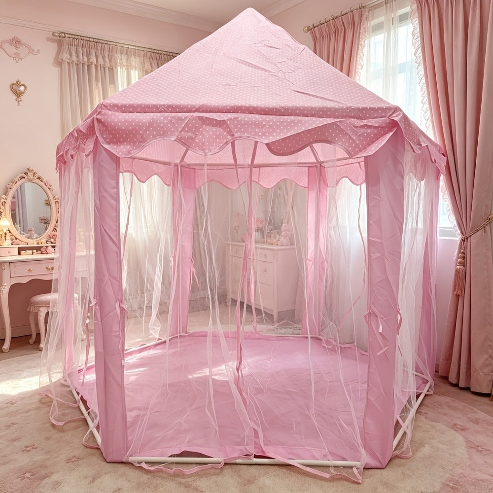 Kids Princess Tent Hexagonal Play Tent with Sheer Door Curtain – Flower Pattern Mosquito Net Castle for Girls, Indoor Outdoor Playhouse Canopy Bed Tent