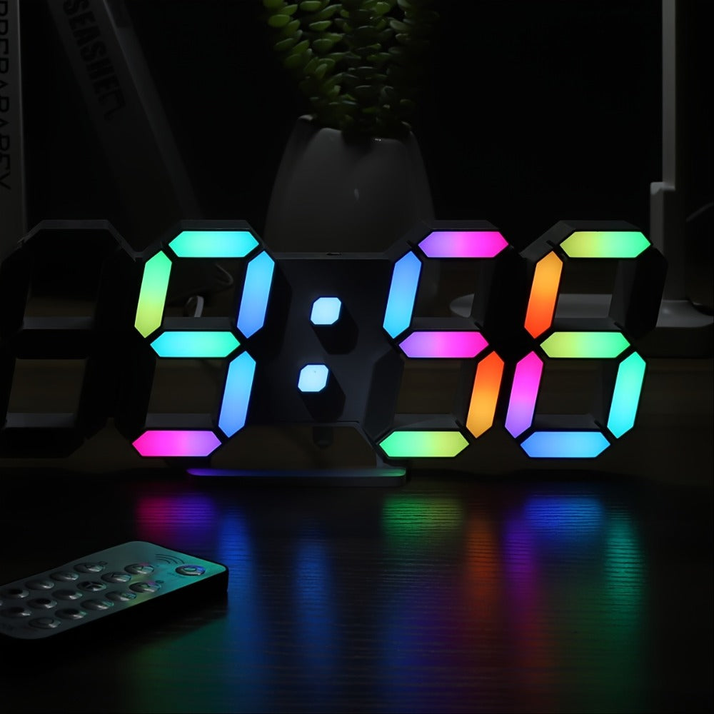 Digital Wall Clock RGB Neon LED 9.7" Large Display – Aesthetic Alarm Clock with Remote Control, Adjustable Brightness, Date & Temperature Display for Bedroom, Living Room, Office & Gym
