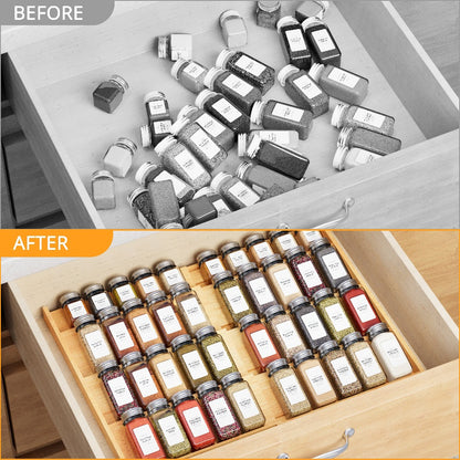 Bamboo Spice Drawer Organizer Expandable 4-Tier | Adjustable Width 12"-23" Fits 3" Deep Drawers | Space-Saving Kitchen Cabinet Seasoning Storage Tray for Spice Jars Bottles
