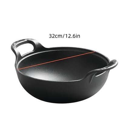 Cast Iron Wok Skillet Non-Stick Deep Stir Fry Pan with Dual Handles - Heavy Duty Uncoated Traditional Cooking Pot Multi-Size 9.84 10.62 11.81 12.59 Inch for Home Outdoor Grilling Baking