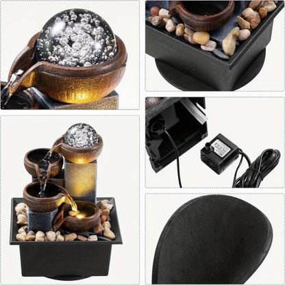 Tabletop Water Fountain Indoor – 4-Level Desktop Waterfall with LED Lights & Natural River Stones, USB Powered Meditation Fountain for Home Office Relaxation, Zen Desk Decor with Bubble Balls