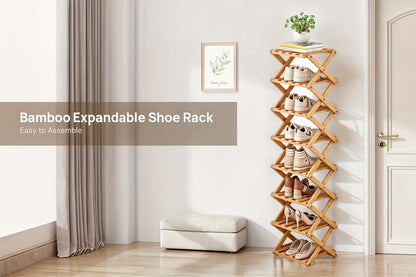 Bamboo Shoe Rack Foldable Multi-Tier – Space-Saving Shoe Storage Shelf, Easy Assembly Standalone Organizer for Entryway, Hallway, Bedroom, Bathroom & Office – 6 or 8 Tier Options
