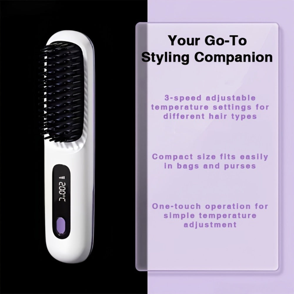 Cordless Hair Straightening Brush – Mini Rechargeable Portable Straightener Comb for Travel Daily Styling, Fast Heating Anti-Scald Frizz Control for All Hair Types, Black & White