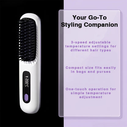 Cordless Hair Straightening Brush – Mini Rechargeable Portable Straightener Comb for Travel Daily Styling, Fast Heating Anti-Scald Frizz Control for All Hair Types, Black & White