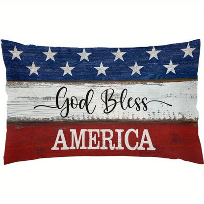 4th of July Throw Pillow Cover 12x20 Inch, God Bless America Patriotic Red White Blue Linen Cushion Case Star Pattern Distressed Wood, Boho Home Decor for Independence Day Memorial Day