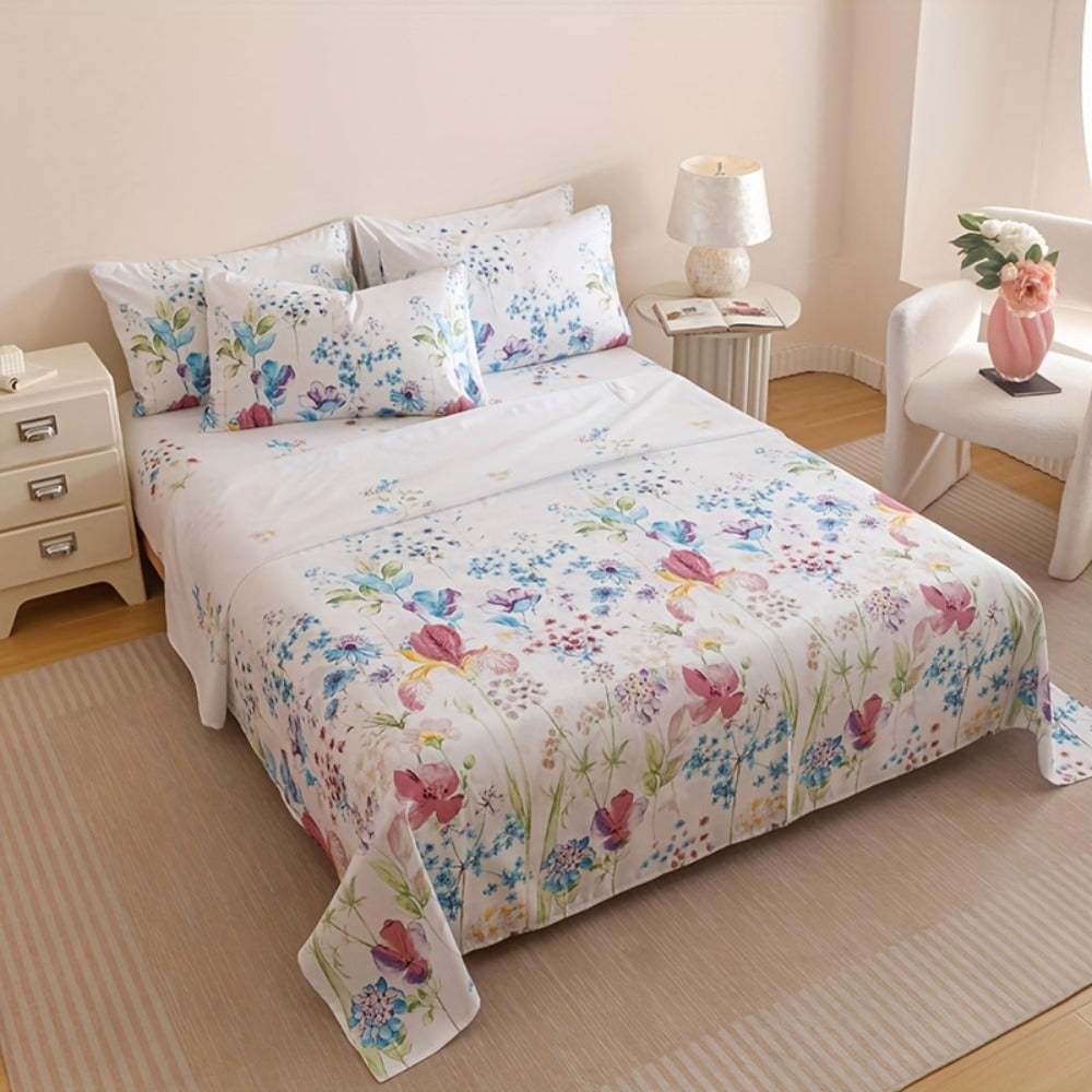 Floral Bedding Set 4-Piece – 1 Fitted Sheet + 1 Flat Sheet + 2 Pillowcases | Soft Breathable Polyester | All-Season Flower Print Bed Sheet Set | Machine Washable | Twin Full Queen King