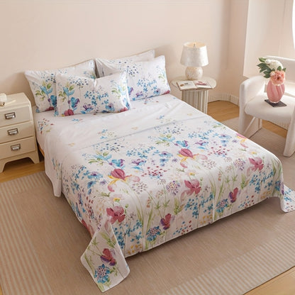 Floral Bedding Set 4-Piece – 1 Fitted Sheet + 1 Flat Sheet + 2 Pillowcases | Soft Breathable Polyester | All-Season Flower Print Bed Sheet Set | Machine Washable | Twin Full Queen King