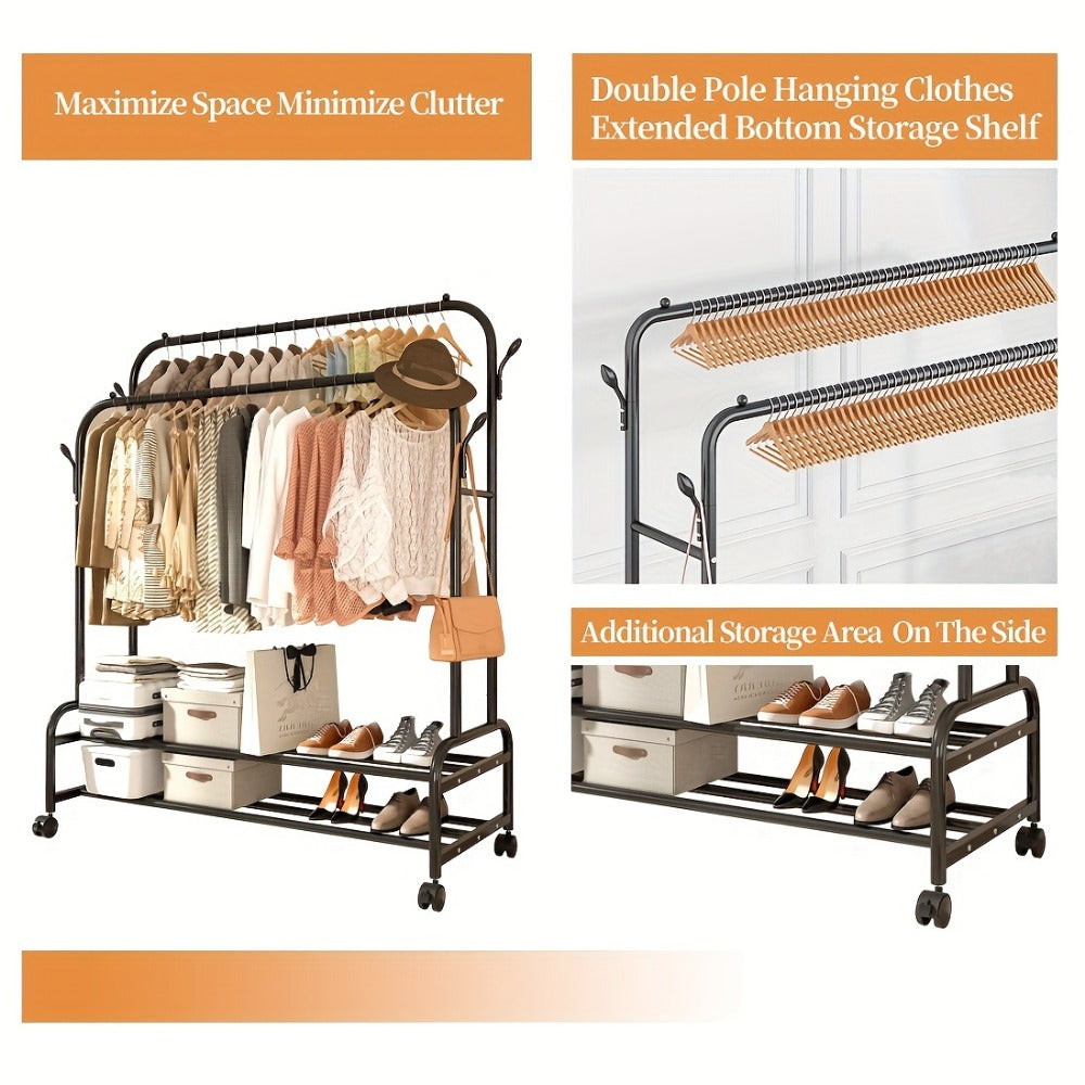 Double Rod Clothes Rack with Wheels Metal Heavy Duty Garment Rack with Shelves and Hooks Portable Closet Organizer for Bedroom Living Room Gold
