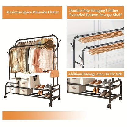 Double Rod Clothes Rack with Wheels Metal Heavy Duty Garment Rack with Shelves and Hooks Portable Closet Organizer for Bedroom Living Room Gold