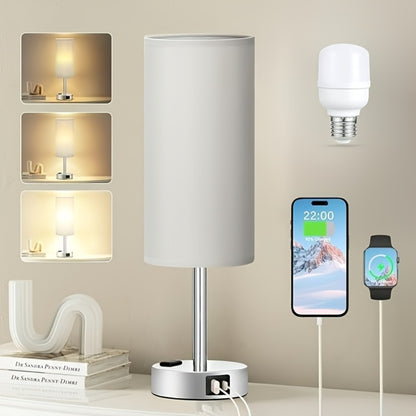 Bedside Table Lamp with USB-C Charging Port – 3-Way Dimmable Touch Lamp, Wood Base Round Burlap Shade, Small Nightstand Desk Light with AC Outlet & A19 LED Bulb Included for Bedroom Living Room Office