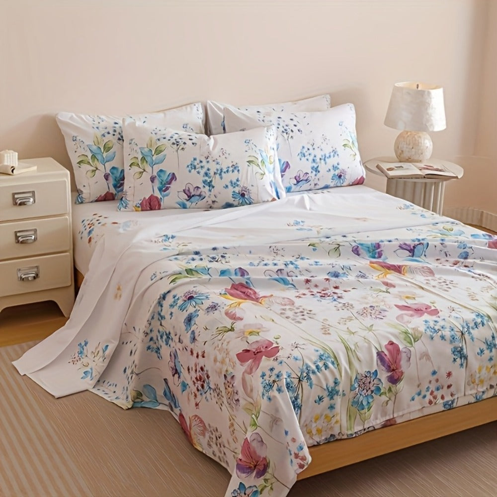 Floral Bedding Set 4-Piece – 1 Fitted Sheet + 1 Flat Sheet + 2 Pillowcases | Soft Breathable Polyester | All-Season Flower Print Bed Sheet Set | Machine Washable | Twin Full Queen King
