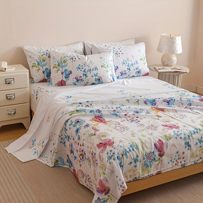 Floral Bedding Set 4-Piece – 1 Fitted Sheet + 1 Flat Sheet + 2 Pillowcases | Soft Breathable Polyester | All-Season Flower Print Bed Sheet Set | Machine Washable | Twin Full Queen King