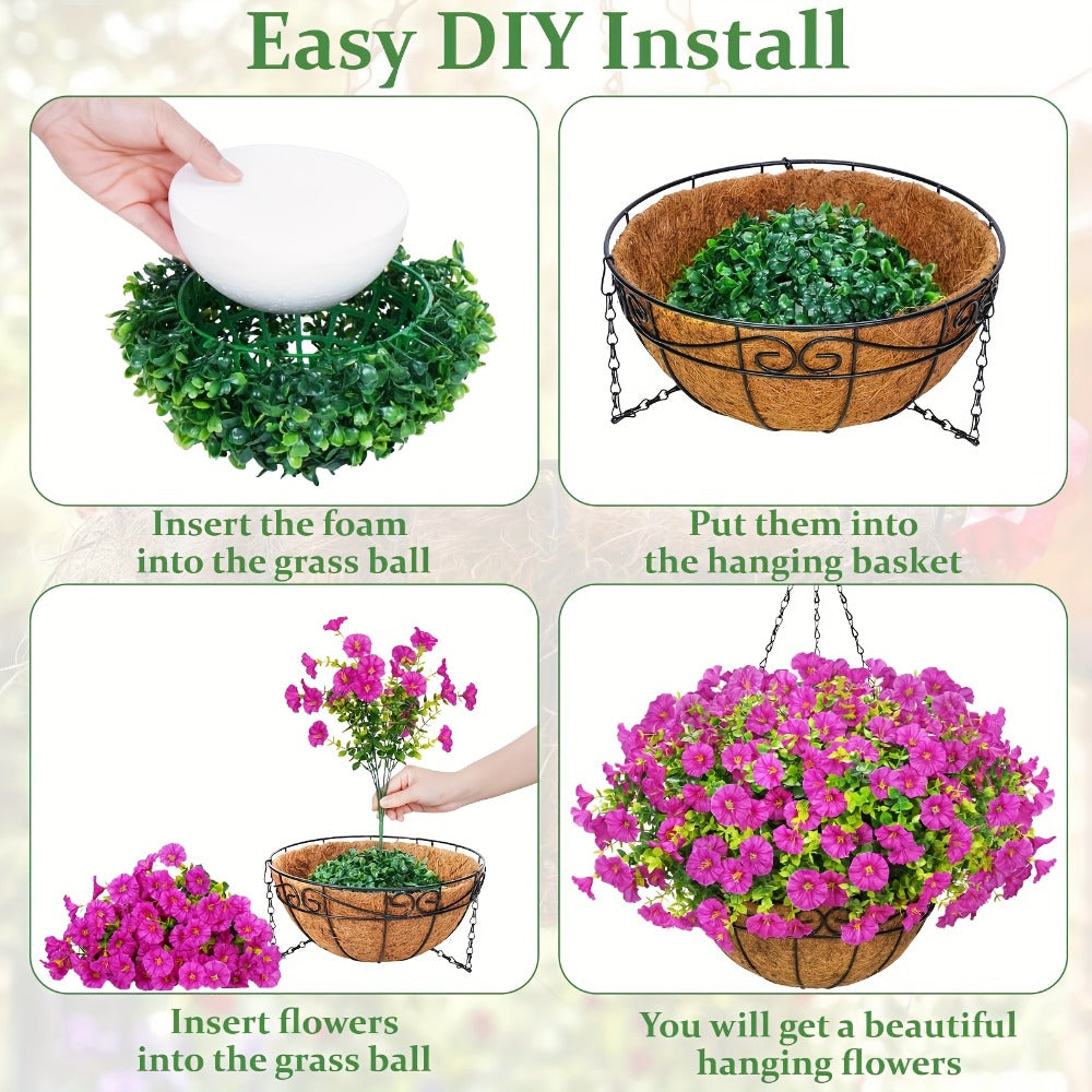 Artificial Hanging Flowers Outdoor UV-Resistant Fake Petunias with Planter Basket – Realistic Faux Hanging Plants for Garden Patio Porch Balcony Railing Decor