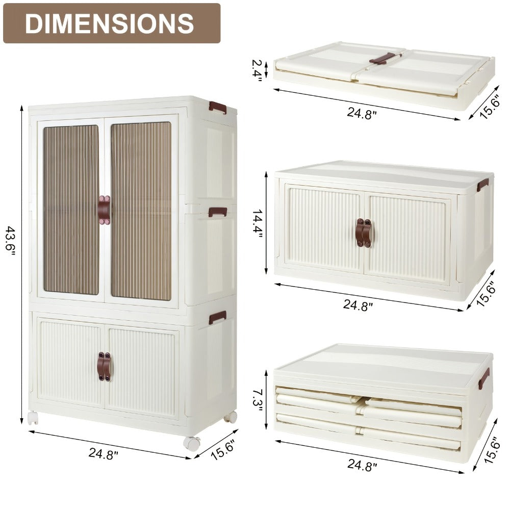 Portable Closet Wardrobe with Wheels & Hanging Rod – Foldable Clothes Cabinet with Doors, 10 Hangers, Stackable Storage Bins, 70 GAL Collapsible Plastic Wardrobe Organizer