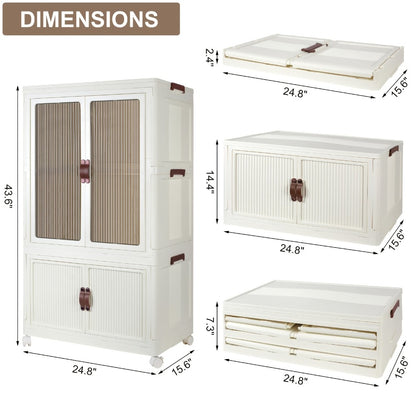 Portable Closet Wardrobe with Wheels & Hanging Rod – Foldable Clothes Cabinet with Doors, 10 Hangers, Stackable Storage Bins, 70 GAL Collapsible Plastic Wardrobe Organizer