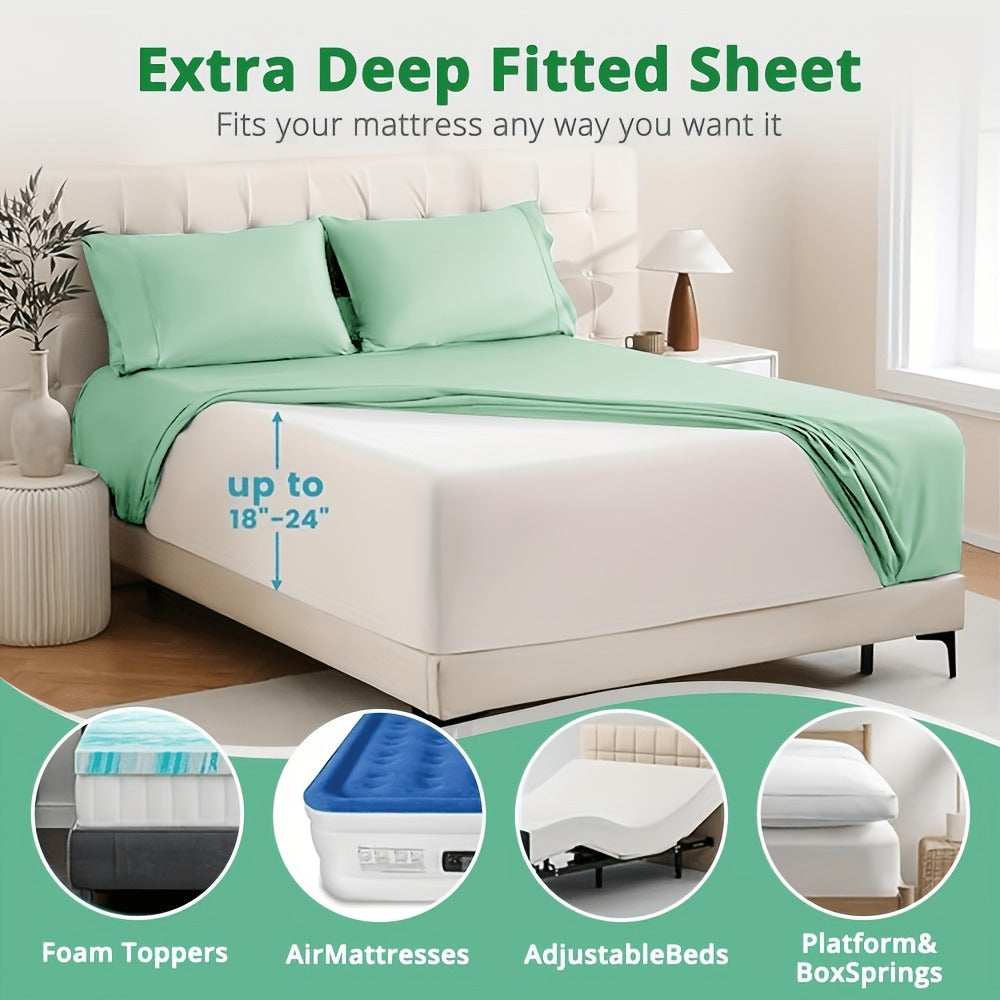Bamboo Cooling Sheet Set 4pcs – Deep Pocket Fitted Sheet Flat Sheet Pillowcases for Hot Sleepers Twin Full Queen King