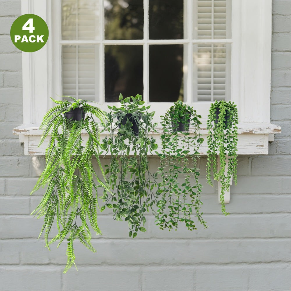 Artificial Hanging Plants 4 Pack – Fake Trailing Vines for Indoor Outdoor Wall Shelf Room Decor, Realistic Faux Rose Greenery Hanging Basket Decoration