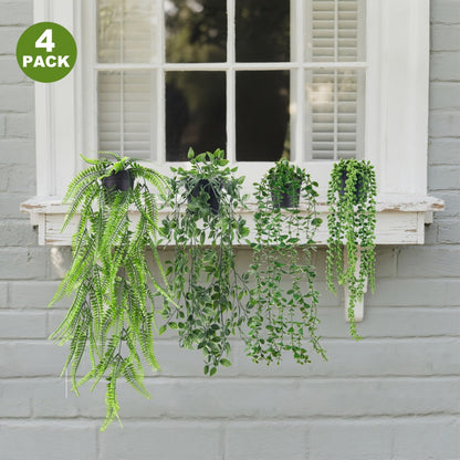 Artificial Hanging Plants 4 Pack – Fake Trailing Vines for Indoor Outdoor Wall Shelf Room Decor, Realistic Faux Rose Greenery Hanging Basket Decoration