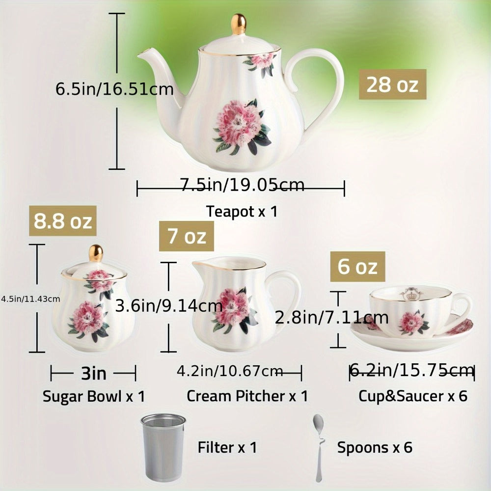 Porcelain Tea Set for 6 - 22 Piece British Royal Floral Service with Teapot, Cups & Saucers, Sugar Bowl, Cream Pitcher & Tea Strainer