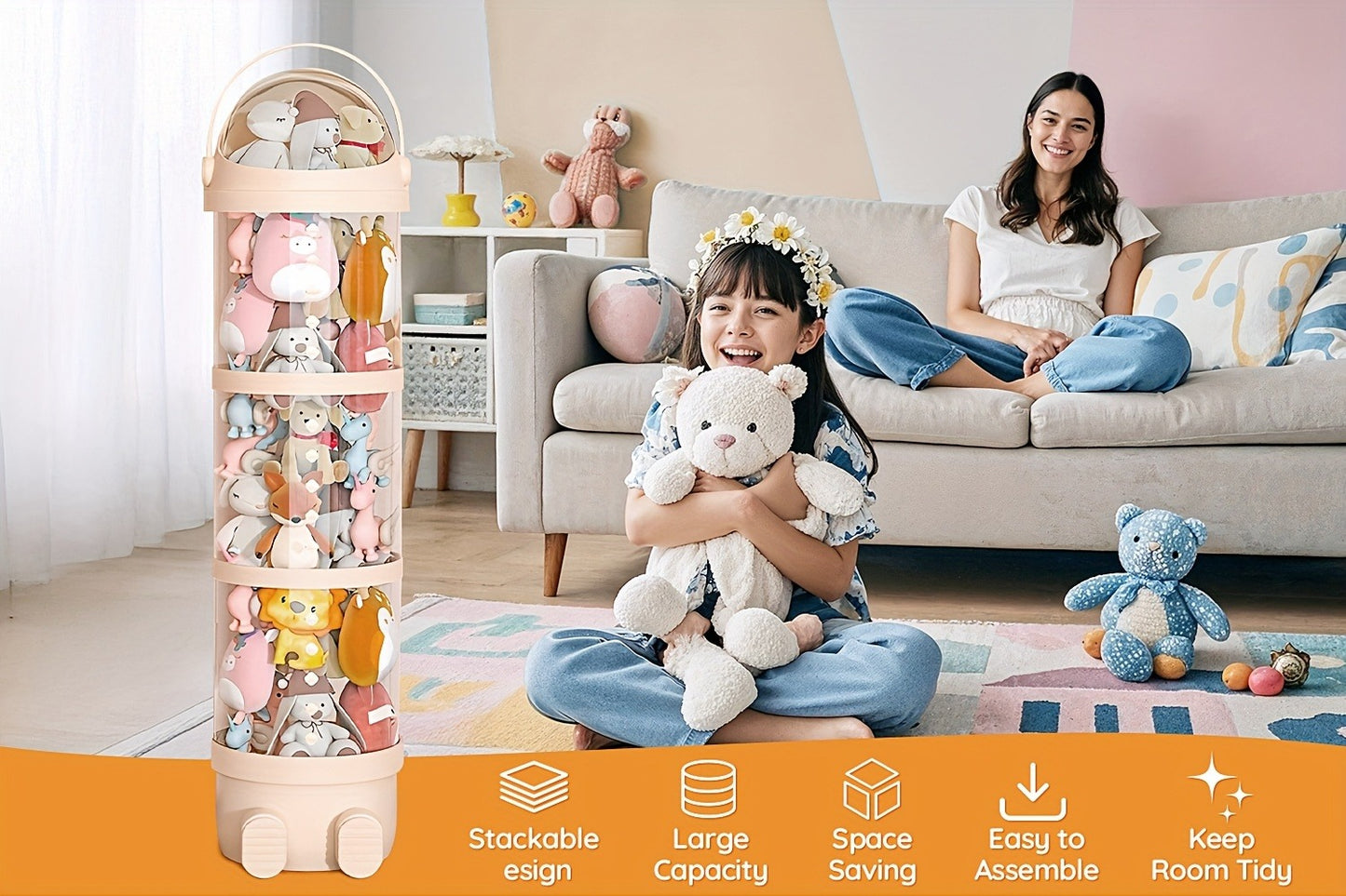 Stackable Round Stuffed Animal Storage Box with Lid – 3-Tier Plastic Plush Toy Organizer with Layered Storage for Dolls Toys & Miscellaneous Items – Kids Room Decor