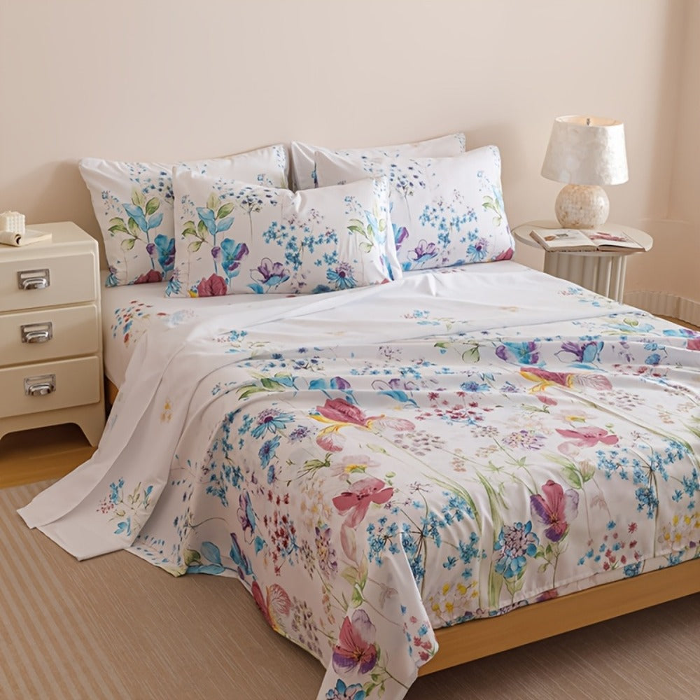 Floral Bedding Set 4-Piece – 1 Fitted Sheet + 1 Flat Sheet + 2 Pillowcases | Soft Breathable Polyester | All-Season Flower Print Bed Sheet Set | Machine Washable | Twin Full Queen King