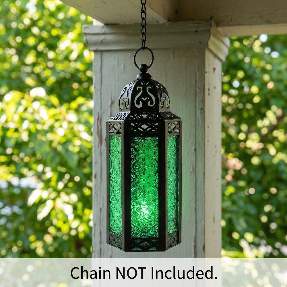 Moroccan Candle Lantern Holder - Decorative Metal & Glass Lantern with Embossed Floral Design for Indoor Home Decor, Garden, Patio, Weddings, Ramadan, Halloween & Holiday Celebrations - 10.5" Tall Medium Size
