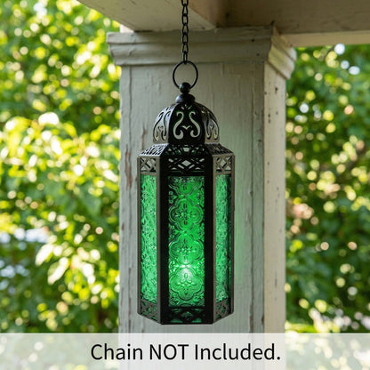 Moroccan Candle Lantern Holder - Decorative Metal & Glass Lantern with Embossed Floral Design for Indoor Home Decor, Garden, Patio, Weddings, Ramadan, Halloween & Holiday Celebrations - 10.5" Tall Medium Size