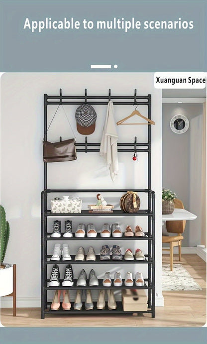 Shoe Rack Organizer with 8 Double Hooks & Multi-Layer Storage Shelves – Floor Standing Coat Hat Holder for Entryway Bedroom Living Room