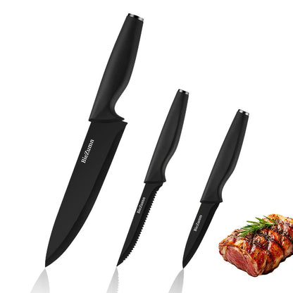 Kitchen Knife Set – 3-Piece & 14-Piece Multi-Purpose Chef’s Knife, Steak Knife, Fruit Knife & Scissors with Storage Block, Black