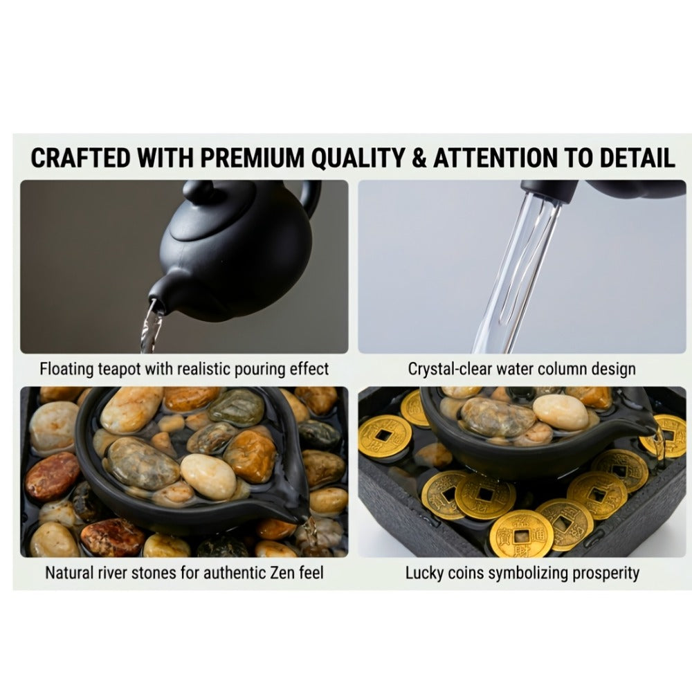 Tabletop Water Fountain Indoor – 4-Level Desktop Waterfall with LED Lights & Natural River Stones, USB Powered Meditation Fountain for Home Office Relaxation, Zen Desk Decor with Bubble Balls