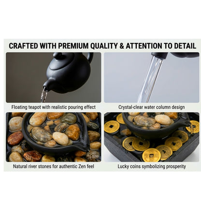 Tabletop Water Fountain Indoor – 4-Level Desktop Waterfall with LED Lights & Natural River Stones, USB Powered Meditation Fountain for Home Office Relaxation, Zen Desk Decor with Bubble Balls