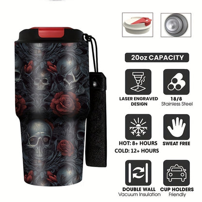 Insulated Tumbler 20oz Gothic Skull & Roses Stainless Steel Travel Mug with Carrying Strap, Coffee Cup Water Bottle for Camping Travel Halloween Gift