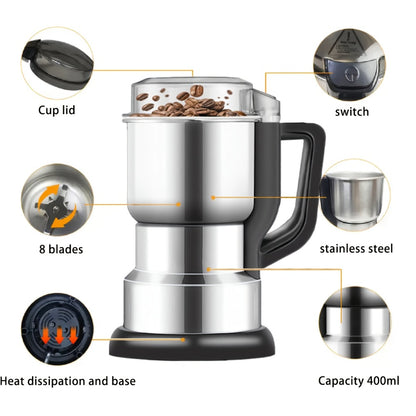 Electric Coffee Grinder 300W High Power Spice Grinder for Coffee Beans Spices Seeds and Grains Multifunctional One-Touch Grinding Machine for Home Kitchen