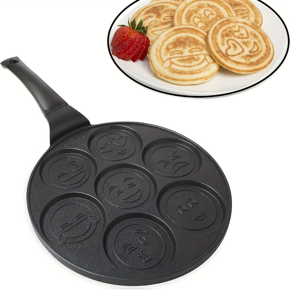 7-Hole Non-Stick Pancake Pan Smiley Face – Aluminum Alloy Breakfast Maker with Detachable Handle for Gas Stove | Oven & Dishwasher Safe Crepe Waffle Egg Mold Cooking Pan Even Heat Distribution Black