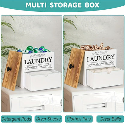 Dryer Sheet Holder with Drawer & Lid | Farmhouse Wood Laundry Pod Dispenser | Wall Mount or Countertop Organizer for Laundry Room Storage, Black & White