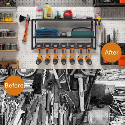 Wall Mount Power Tool Storage Rack, Heavy-Duty 150 Lb Steel 3-Tier & 4-Tier Garage Tool Organizer with 7 Bit Holders – Workshop Shed Basement Wall Storage