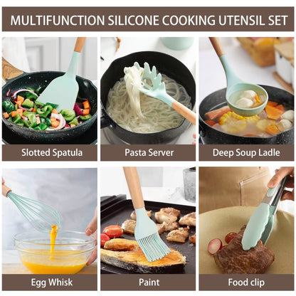 19-Piece Kitchen Knife & Utensil Set with Wooden Handles, Non-Stick Blades, Silicone Cooking Tools, Cutting Board, Scissors & Holder