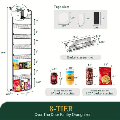 Over The Door Organizer - Heavy Duty Multi-Layer Pantry Storage Rack for Kitchen Bathroom Laundry Room, Space Saving Door Hanging Shelf, 6 or 8 Tier Metal Spice Food Storage Cabinet