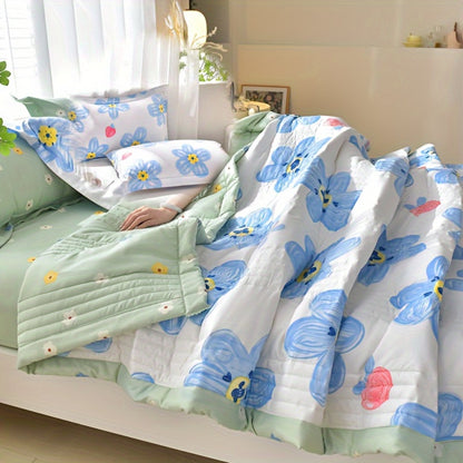 Quilt Set 3 Piece Summer Cooling – Floral Printed Thin Comforter with 2 Pillowcases, Soft Skin-Friendly Bedding for Twin Full Queen King, All Season Lightweight Blanket for Bedroom Hotel Guest Room