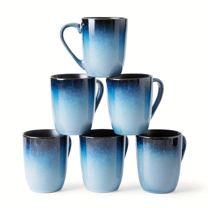 Gradient Blue Ceramic Mugs Set of 6 – 14 Oz Reaction Glaze Coffee Mugs – Durable Stain-Resistant Unique Design – Perfect for Coffee, Tea & Gifting at Weddings, Parties & Holidays