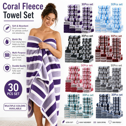 Bath Towel Set 30 Piece Coral Fleece Super Soft Quick Dry Fast Absorption Lightweight Large Wide Towels for Home Hotel Spa Gym Camping Christmas Gift Red Gray Green Navy Blue Purple Brown