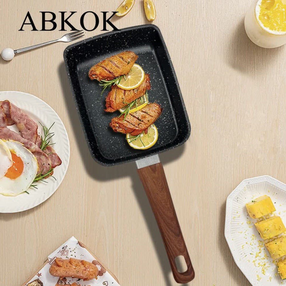Tamagoyaki Pan Japanese Nonstick Rectangular Egg Pan for Omelettes & Rolls – Induction Halogen Compatible Dishwasher Safe Wooden or Plastic Handle with Optional Silicone Spatula