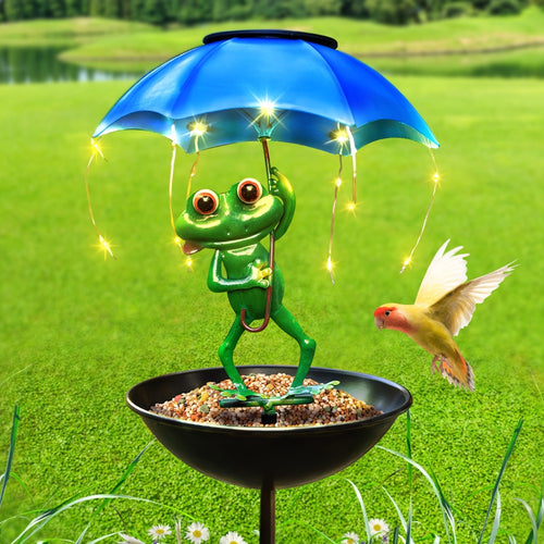 Solar Garden Decor Frog with Umbrella LED Light – Iron Frog Outdoor Statue with Solar Powered LED | Bird Feeder Garden Ornament for Patio, Lawn, Pathway & Deck | Unique Valentine Gift Yard Decoration