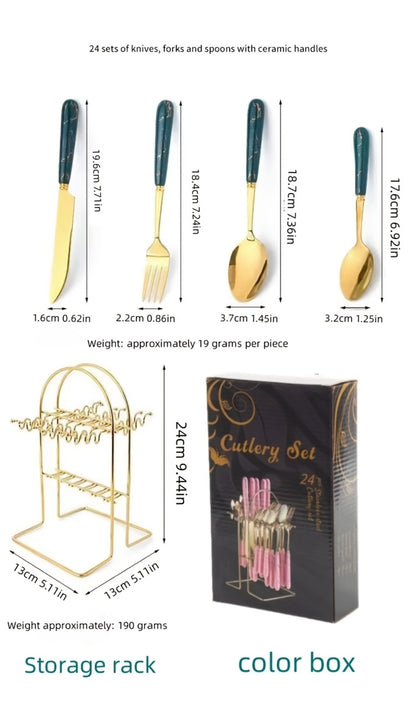 Marble Pattern Cutlery Set 24pcs - Dinner Forks Soup Spoons Teaspoons for Home Hotel Restaurant