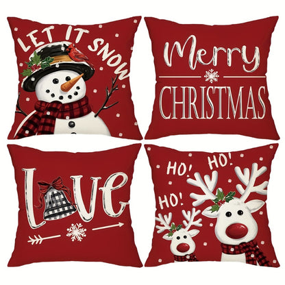 Christmas Throw Pillow Covers 4pcs Set 18x18 | Reindeer Snowman Buffalo Plaid Cushion Covers, Winter Holiday Farmhouse Home Decor, Sofa Couch Porch Patio, No Insert