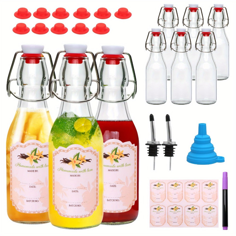 Glass Swing Top Bottles 8.45oz – Round Iron Clasp Airtight Bottle Set with Funnel for Juice, Kombucha, Syrup & Oil Storage, Reusable Flip Cap Glass Bottles (6, 9, 12 or 18 Pack)