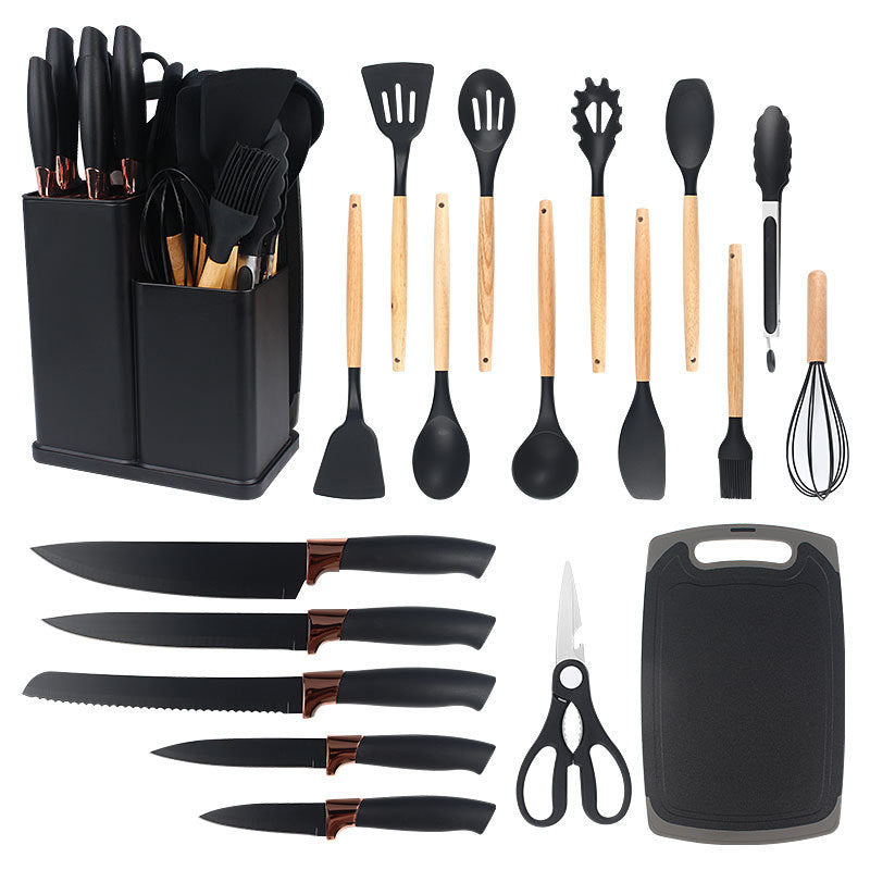 19-Piece Non-Stick Silicone Cookware Set with Bamboo Storage, Knives & Wooden Handle – Pots, Pans & Utensils for Induction & Oven