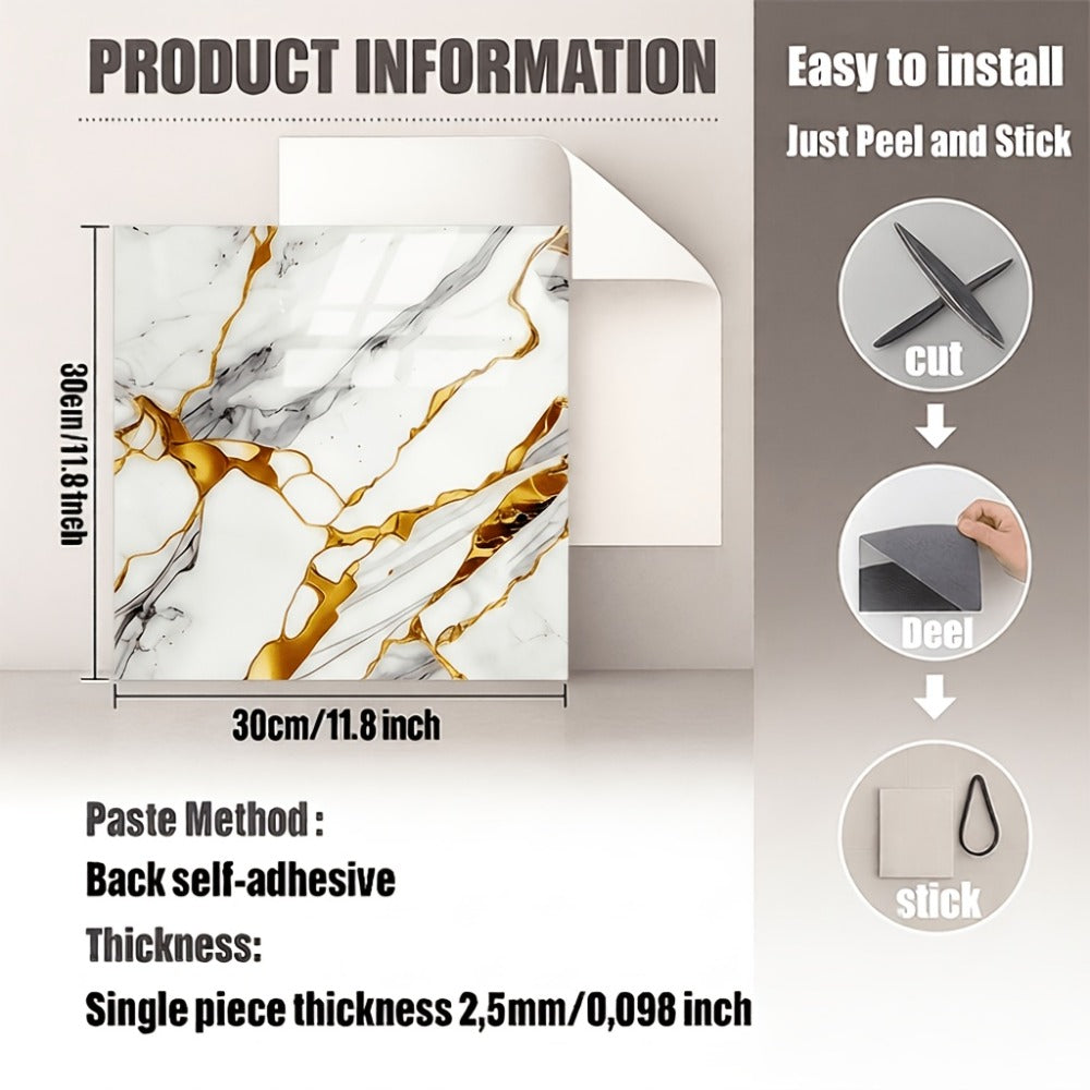 Self-Adhesive Marble Tile Stickers 11.8x11.8in Peel and Stick Wall Tiles for Bathroom Kitchen Backsplash – Waterproof 3D Glossy Imitation Marble Wall Panel, Easy to Install, 50 or 100 Pack