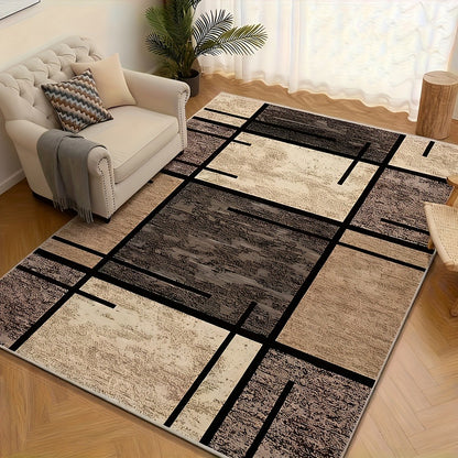 Machine Washable Area Rug Geometric Beige Brown Velvet 850 GSM Fade-Resistant Polyester Carpet for Living Room Bedroom Dining Room Office Non-Slip Rectangle Floor Rug