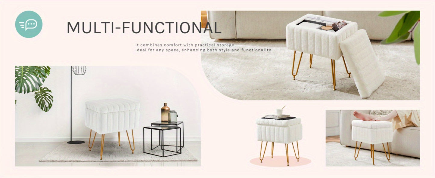 Faux Fur Storage Ottoman Stool – Soft Furry Vanity Seat with Storage, 4 Metal Legs & Non-Slip Feet – Cute Modern Multi-Function Chair for Bedroom, Vanity & Living Room